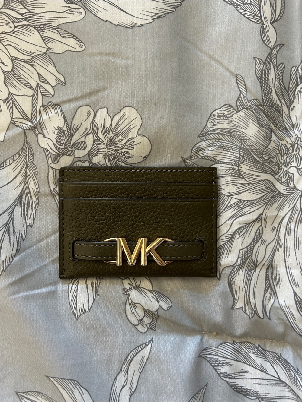 Michael Kors Olive MK Logo Pebbled Leather Card Holder with Gold Hardware